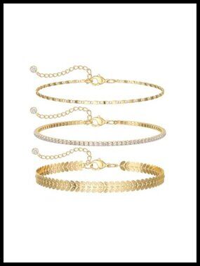 14K Gold Plated Layered Anklet Set 3 Pcs Cubic Zirconia Tarnish Resistant